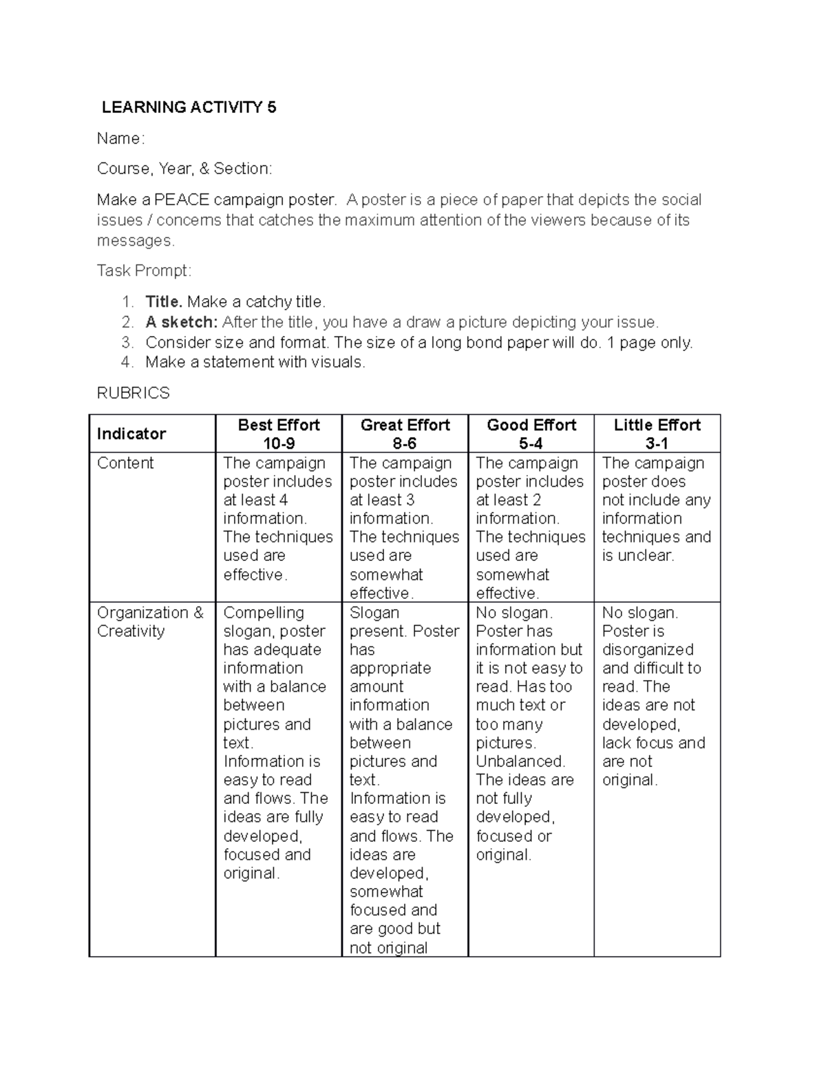 Activity 5 - LEARNING ACTIVITY 5 Name: Course, Year, & Section: Make a ...