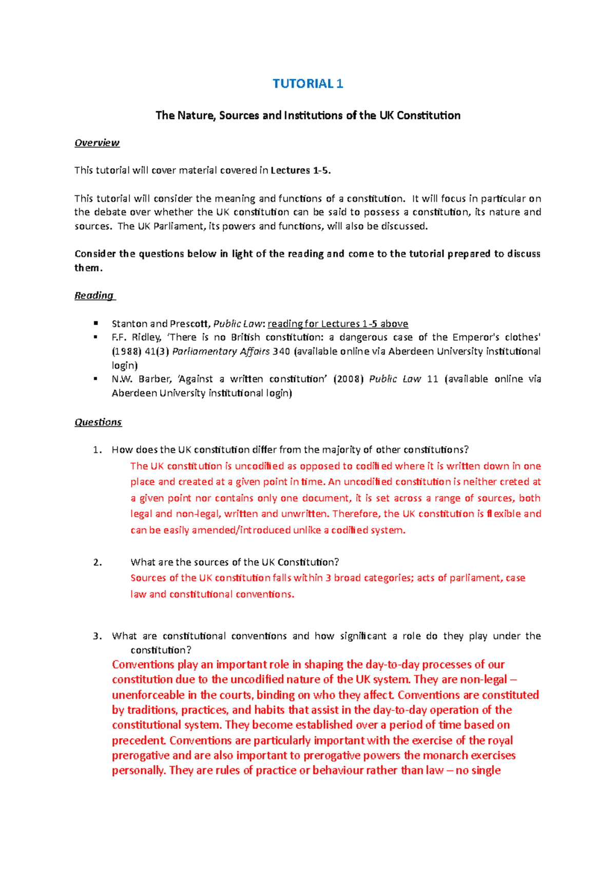 Tutorial 1 - TUTORIAL 1 The Nature, Sources and Institutions of the UK ...