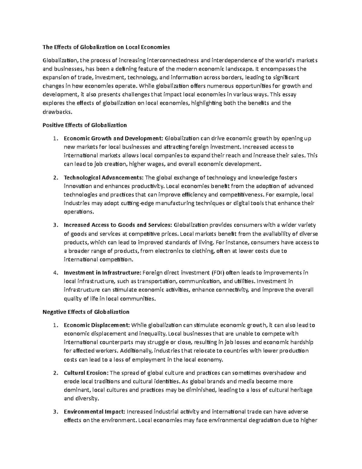 The Effects of Globalization on Local Economies - The Effects of ...