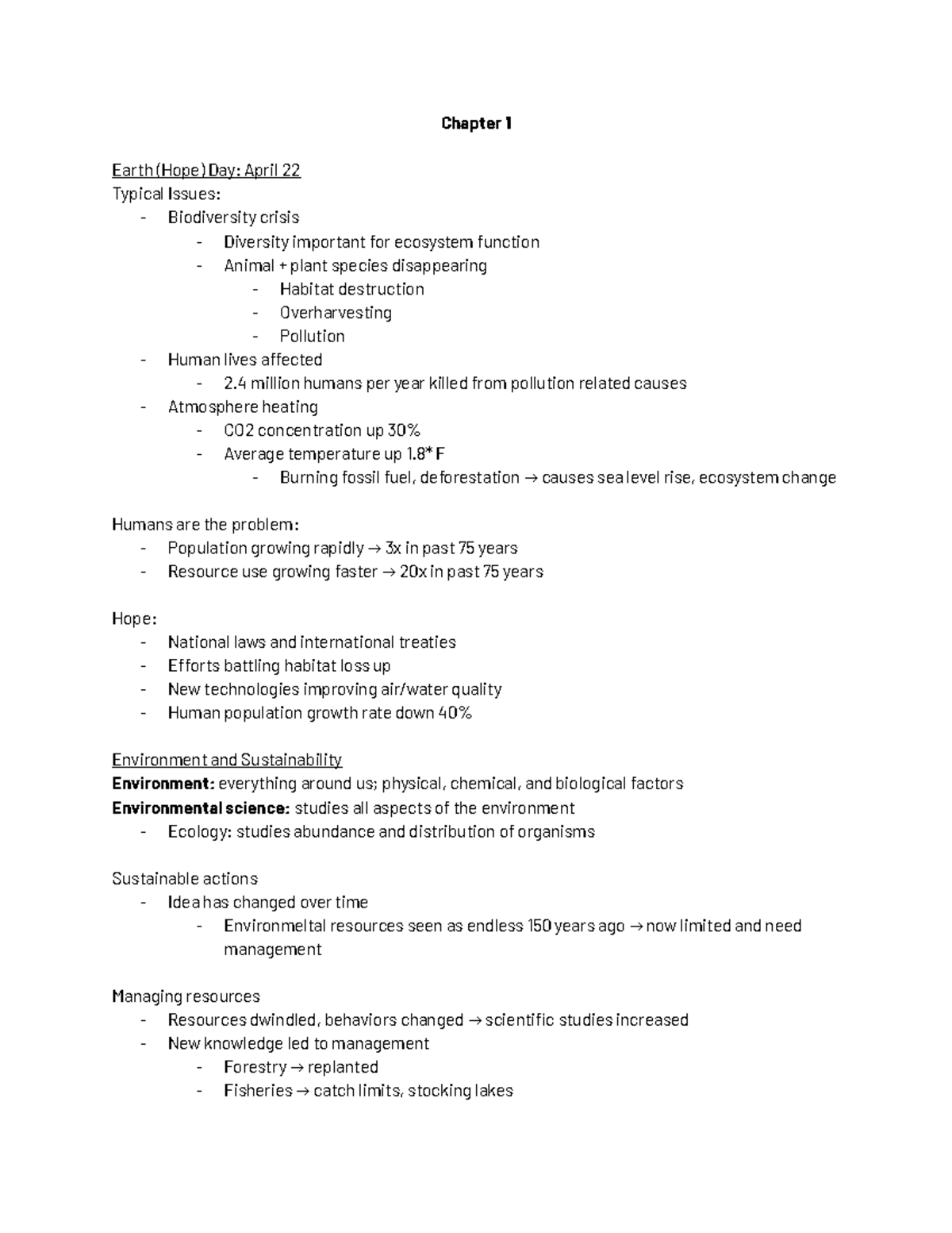 Introduction to Env. Sci - Chapter 1 Earth (Hope) Day: April 22 Typical ...