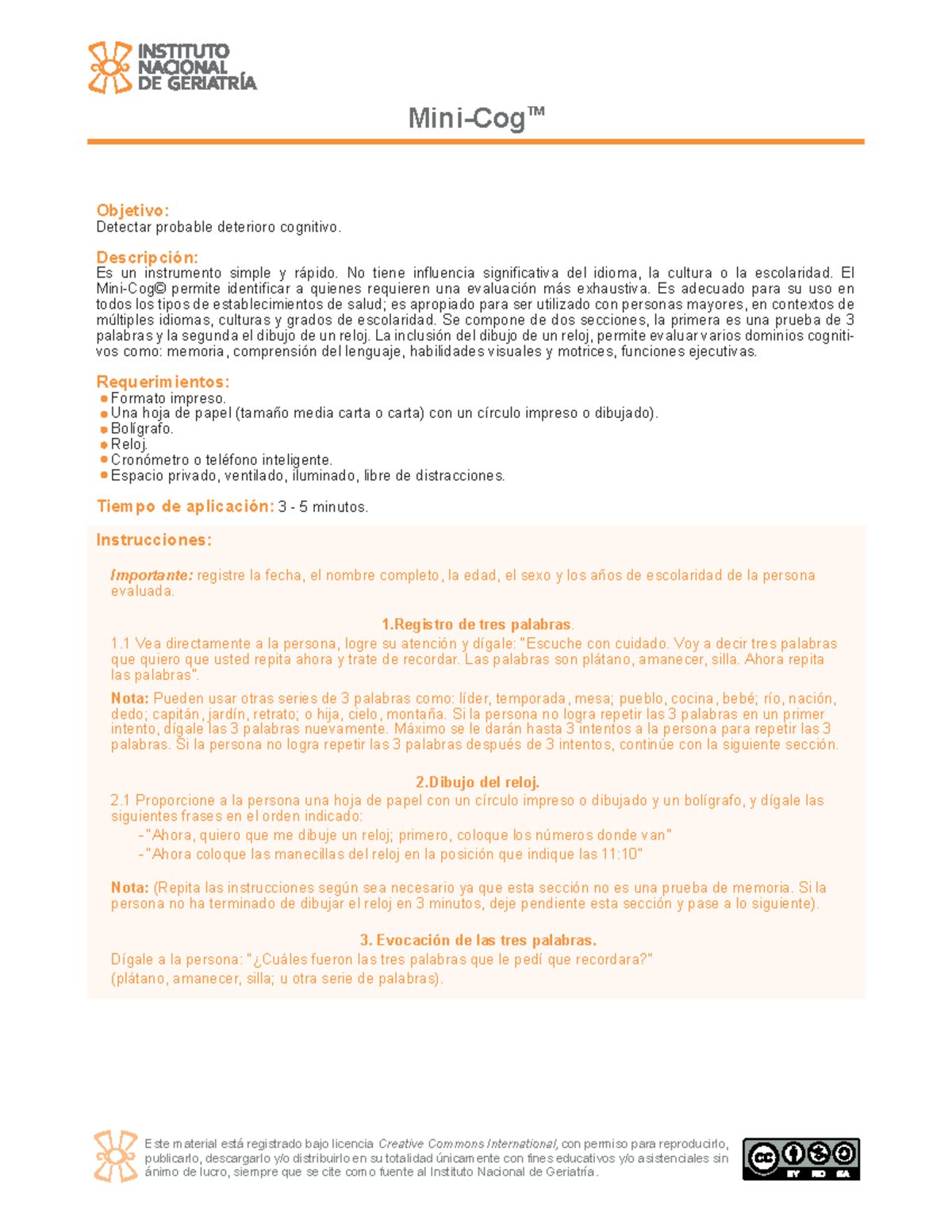 Instumento Mini Cog - Objetivo: Detectar probable deterioro cognitivo ...