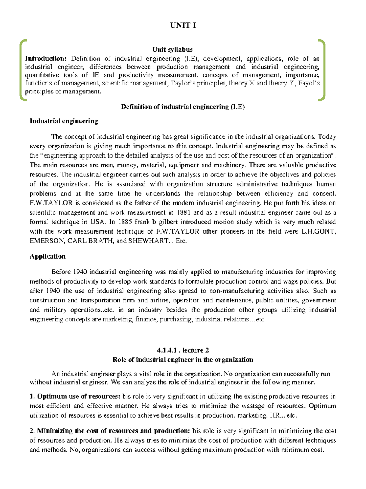 UNIT I 1585905603 - Great - UNIT I Definition of industrial engineering ...