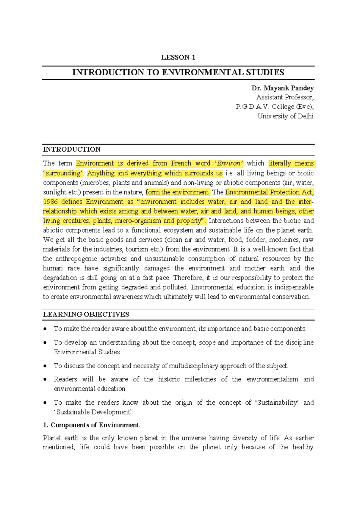 Unit 1 - EVS readings - LESSON- INTRODUCTION TO ENVIRONMENTAL STUDIES ...