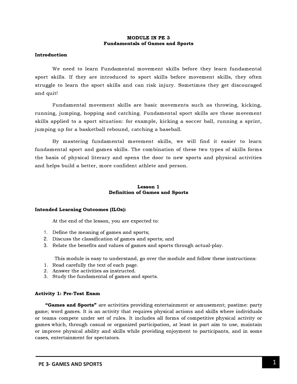 Module-1-PE-3-games-and-sports - MODULE IN PE 3 Fundamentals Of Games ...