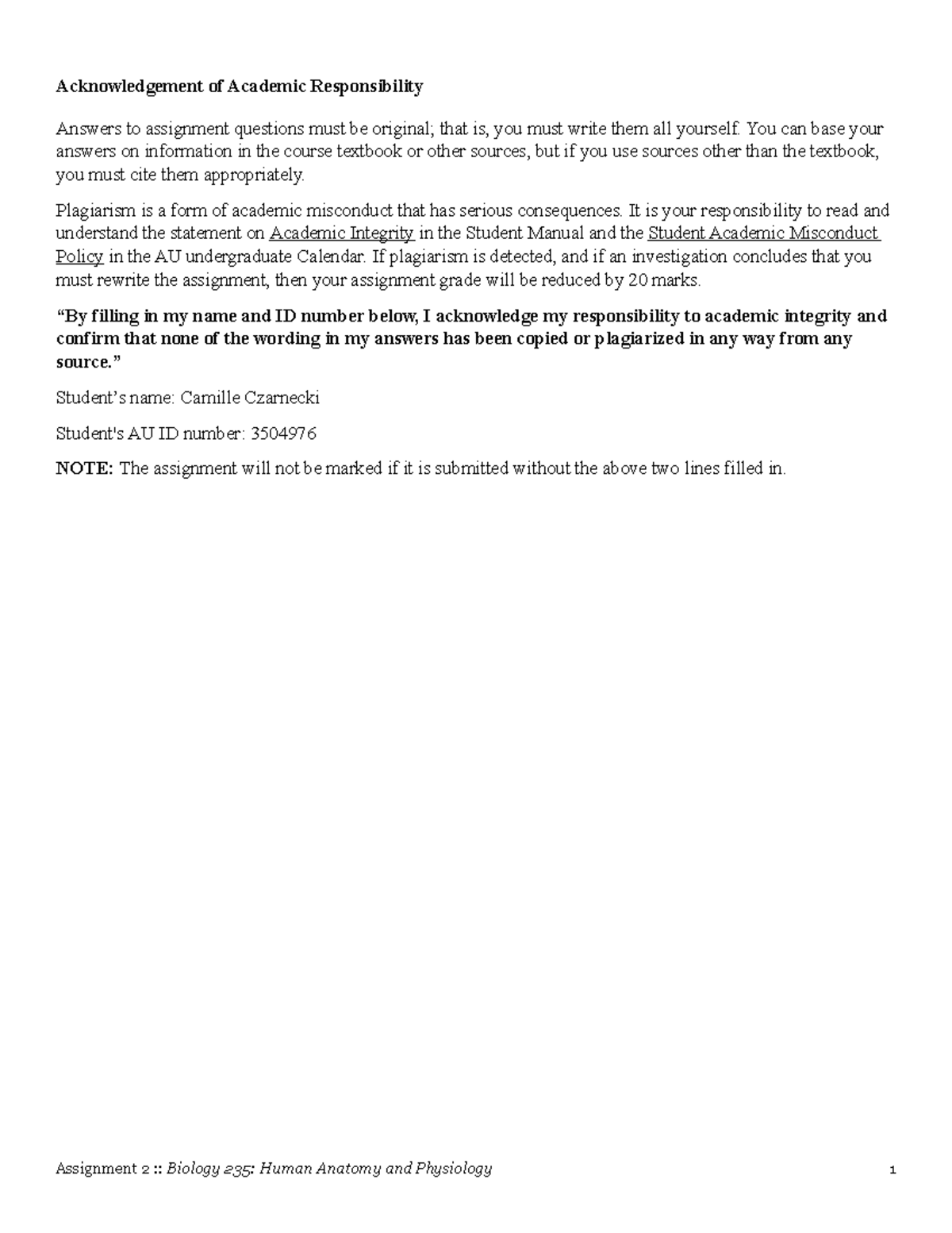 BIO 235 - Assignment 2 - Acknowledgement of Academic Responsibility ...