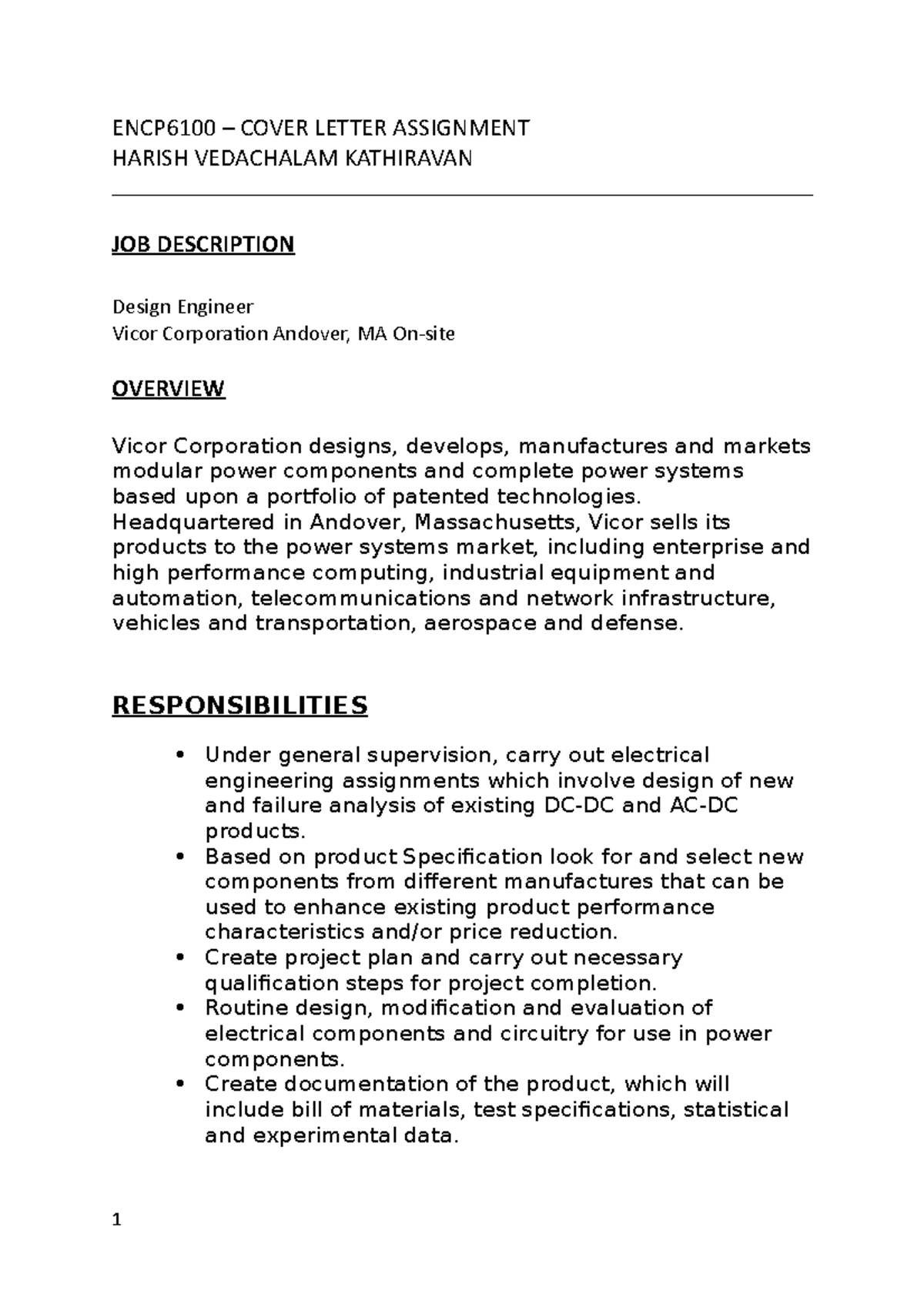 ENCP6100 Cover Letter - ENCP6100 – COVER LETTER ASSIGNMENT HARISH ...