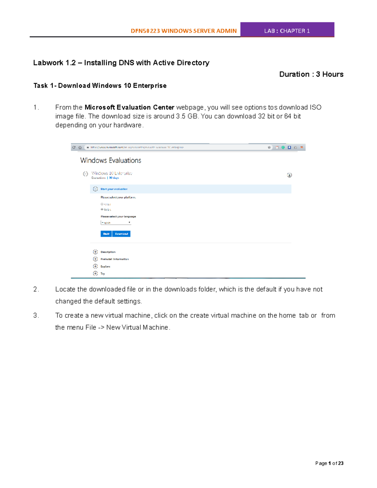 Chapter 1 Lab 1 - ... - DFN50223 WINDOWS SERVER ADMIN LAB : CHAPTER 1 ...