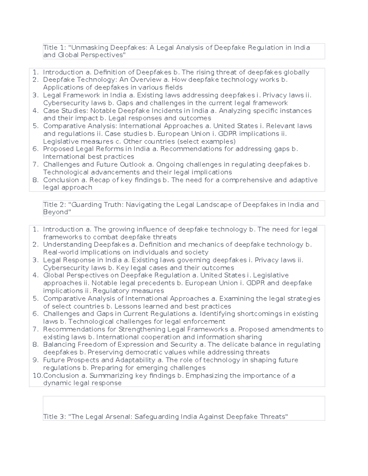 Deep fake outlines - Title 1: "Unmasking Deepfakes: A Legal Analysis of ...