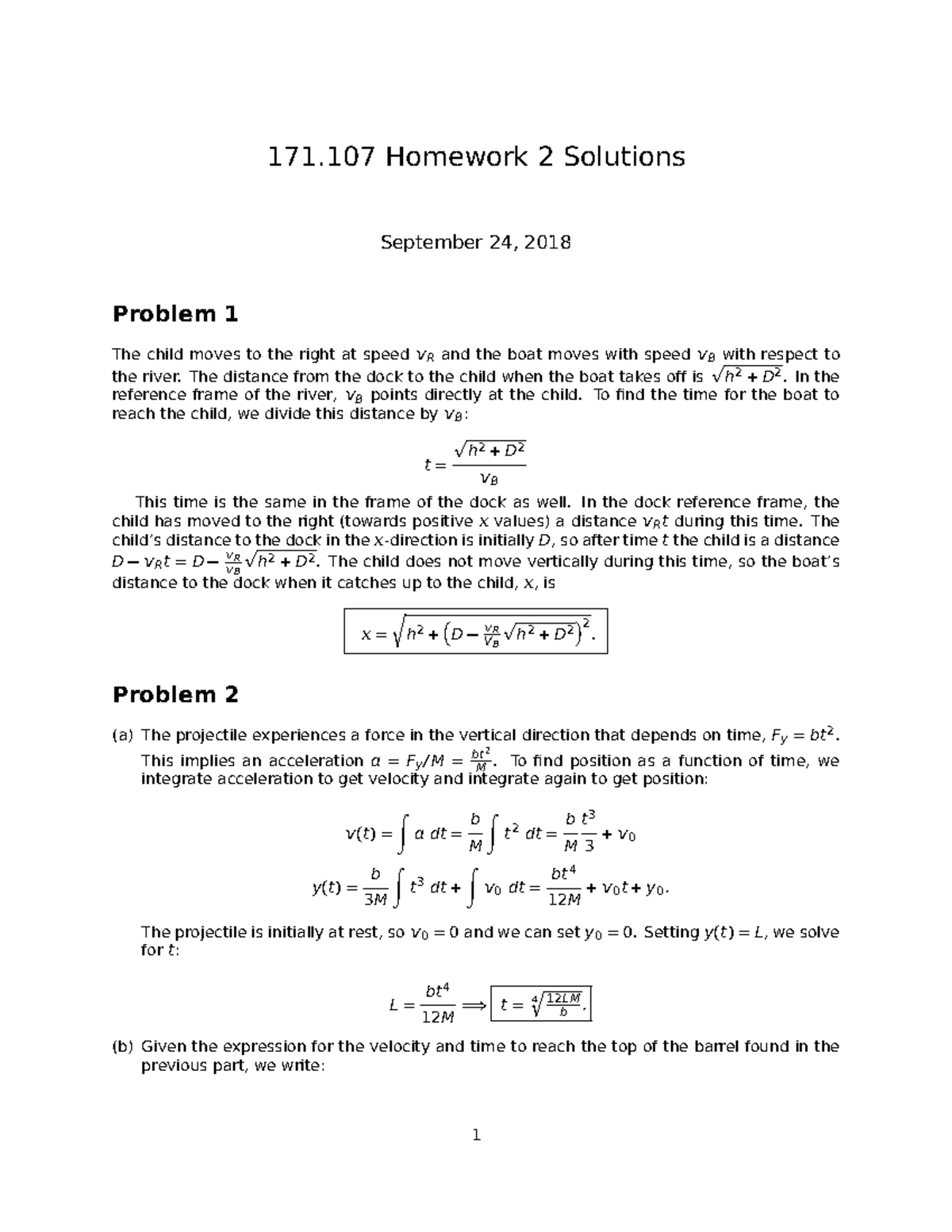 Phys101 hw2 sol - Prof. Bob Leheny - 171 Homework 2 Solutions September ...