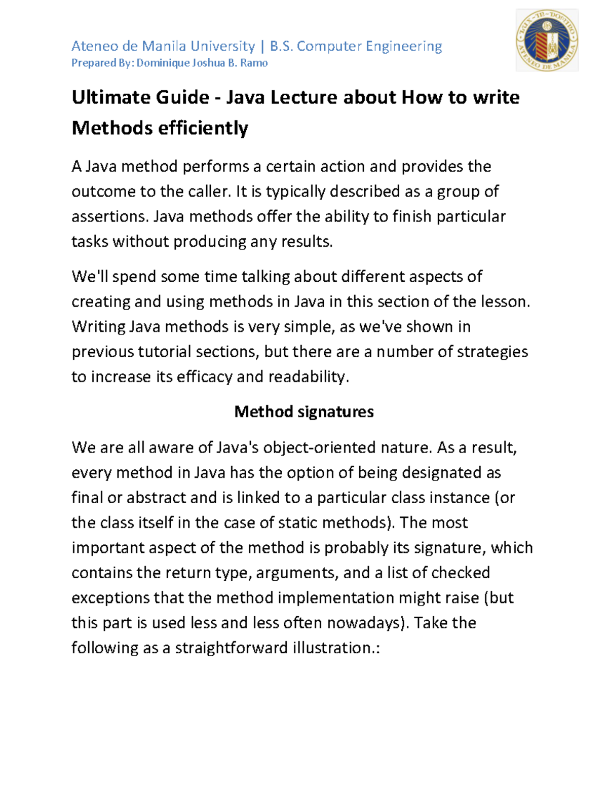 Study Guide - Java Lecture about How to write Methods efficiently ...