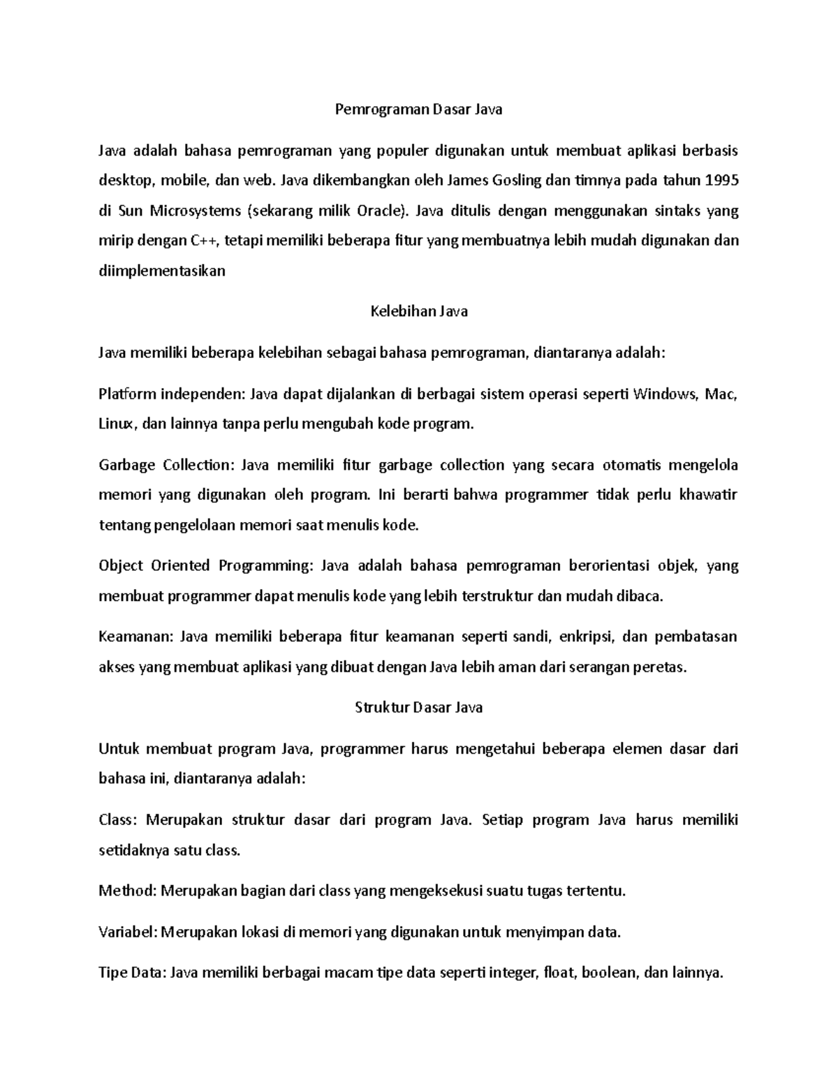 Pemrograman Dasar Java - Pemrograman Dasar Java Java adalah bahasa ...