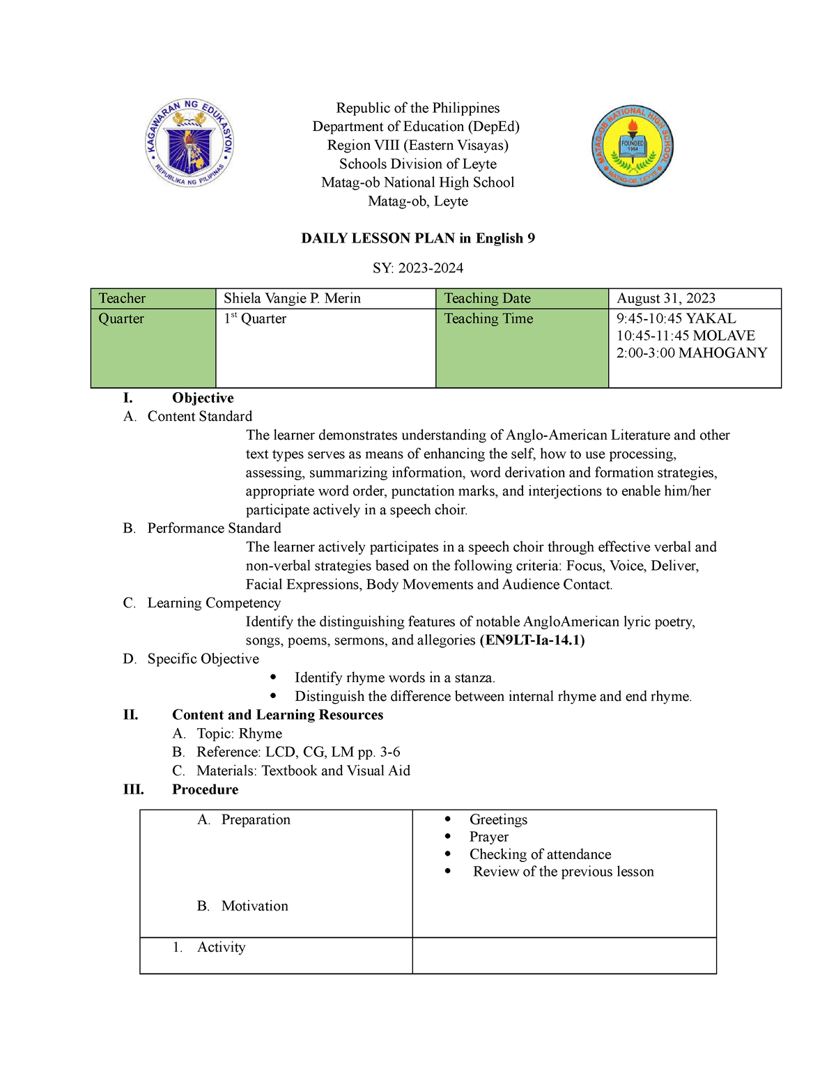 Lesson 3 Rhymes - Republic Of The Philippines Department Of Education ...