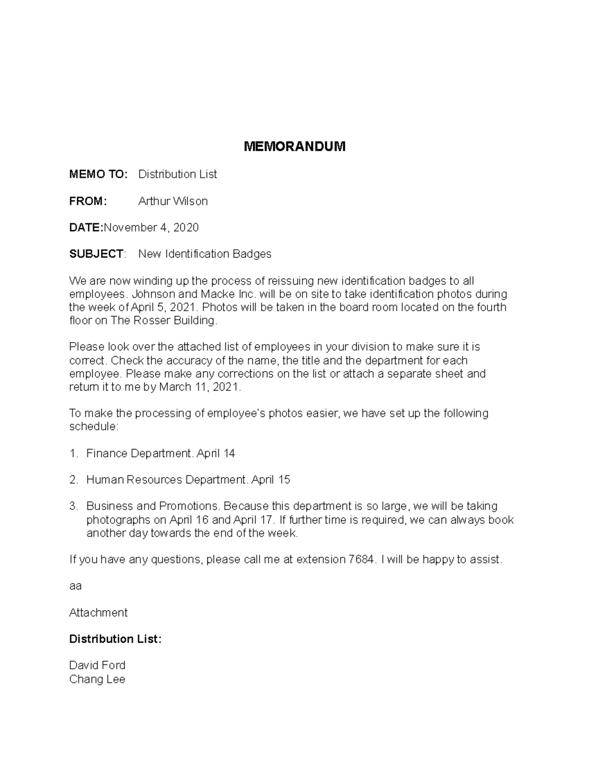 Complete Memo 2 - MEMORANDUM MEMO TO: Distribution List FROM: Arthur ...