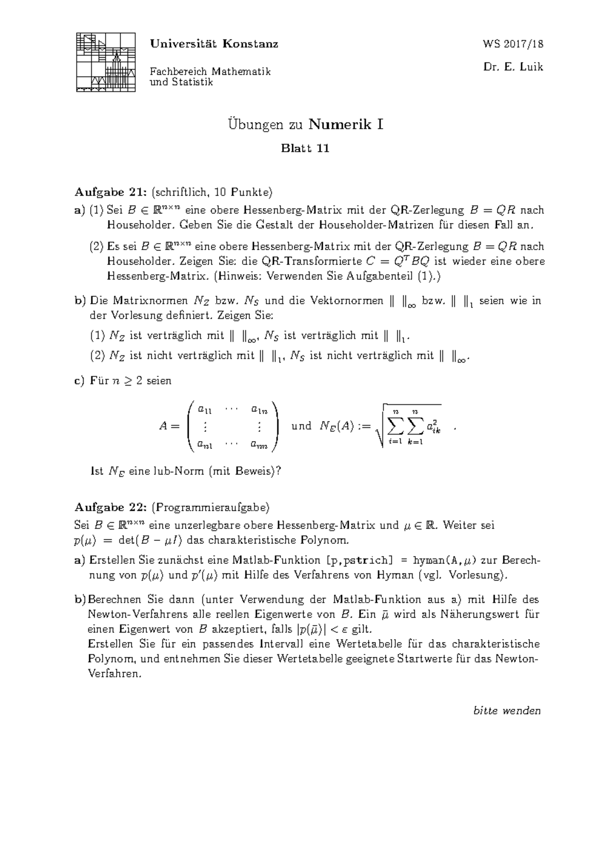 Übungen Zu Numerik I Blatt 11 - Universit ̈at Konstanz Fachbereich ...