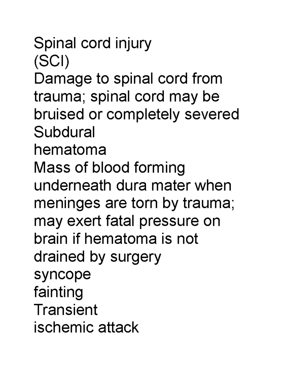 Neurology vocabulary Medical Terminology Spinal cord injury (SCI