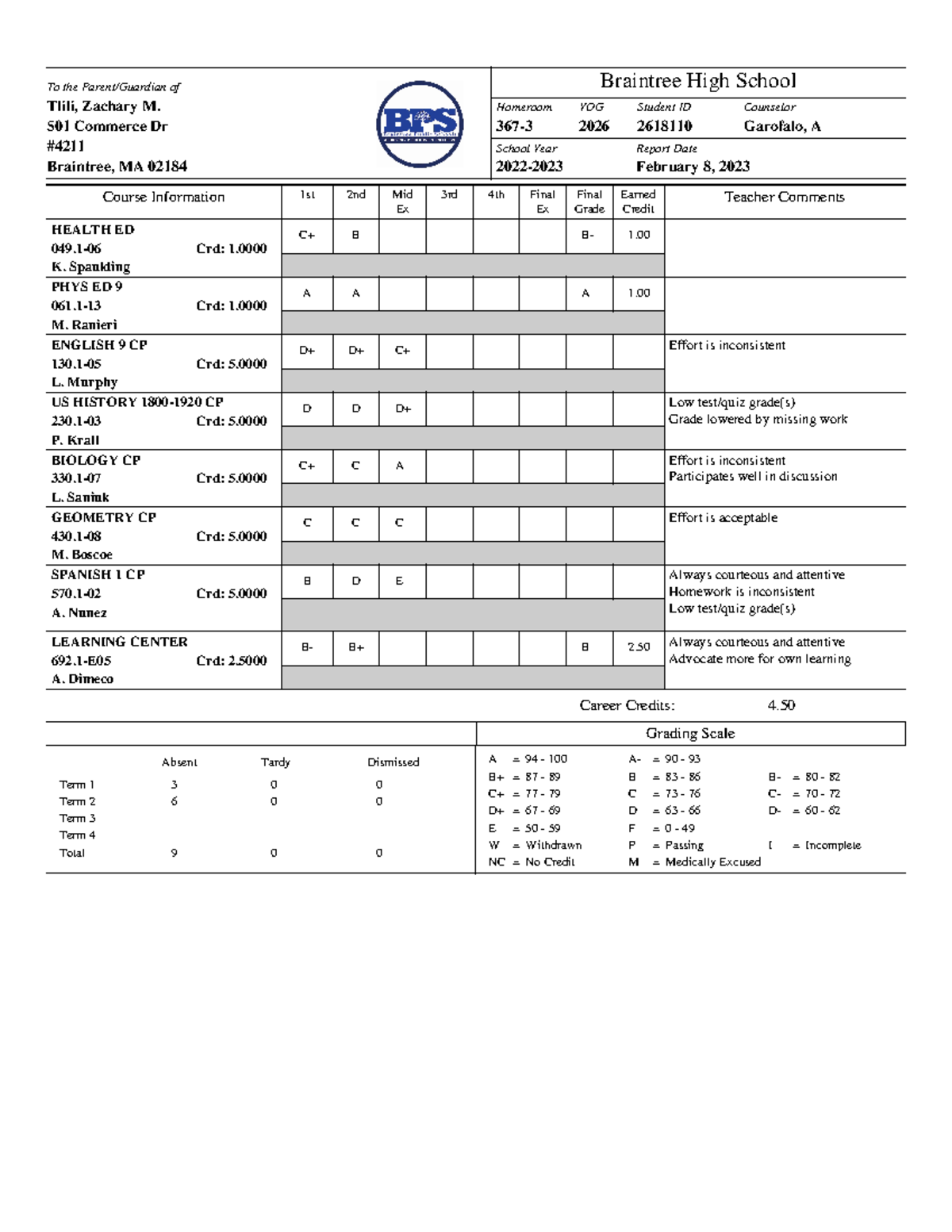 HS Report Card - chilllll - Course Information Teacher Comments To the ...