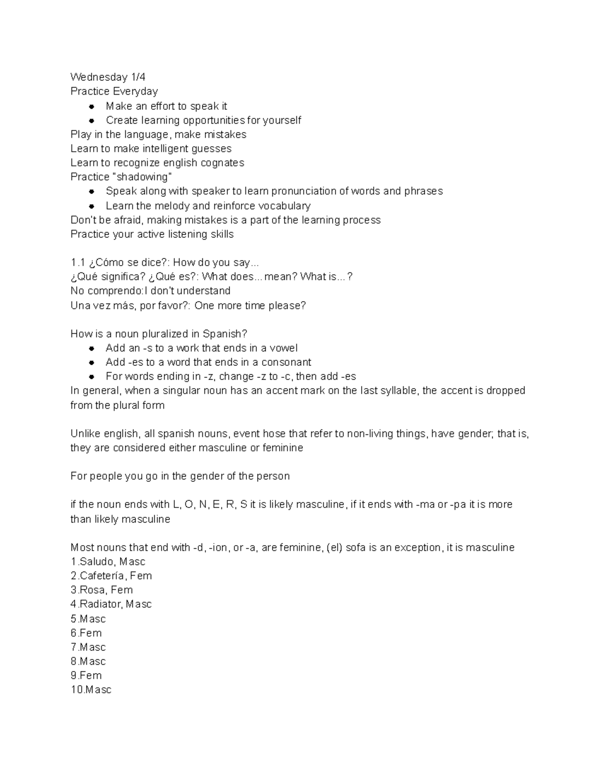 (Span 1) Leccion 1 Study Tips and Masc + Fem, Notes - Wednesday 1 ...