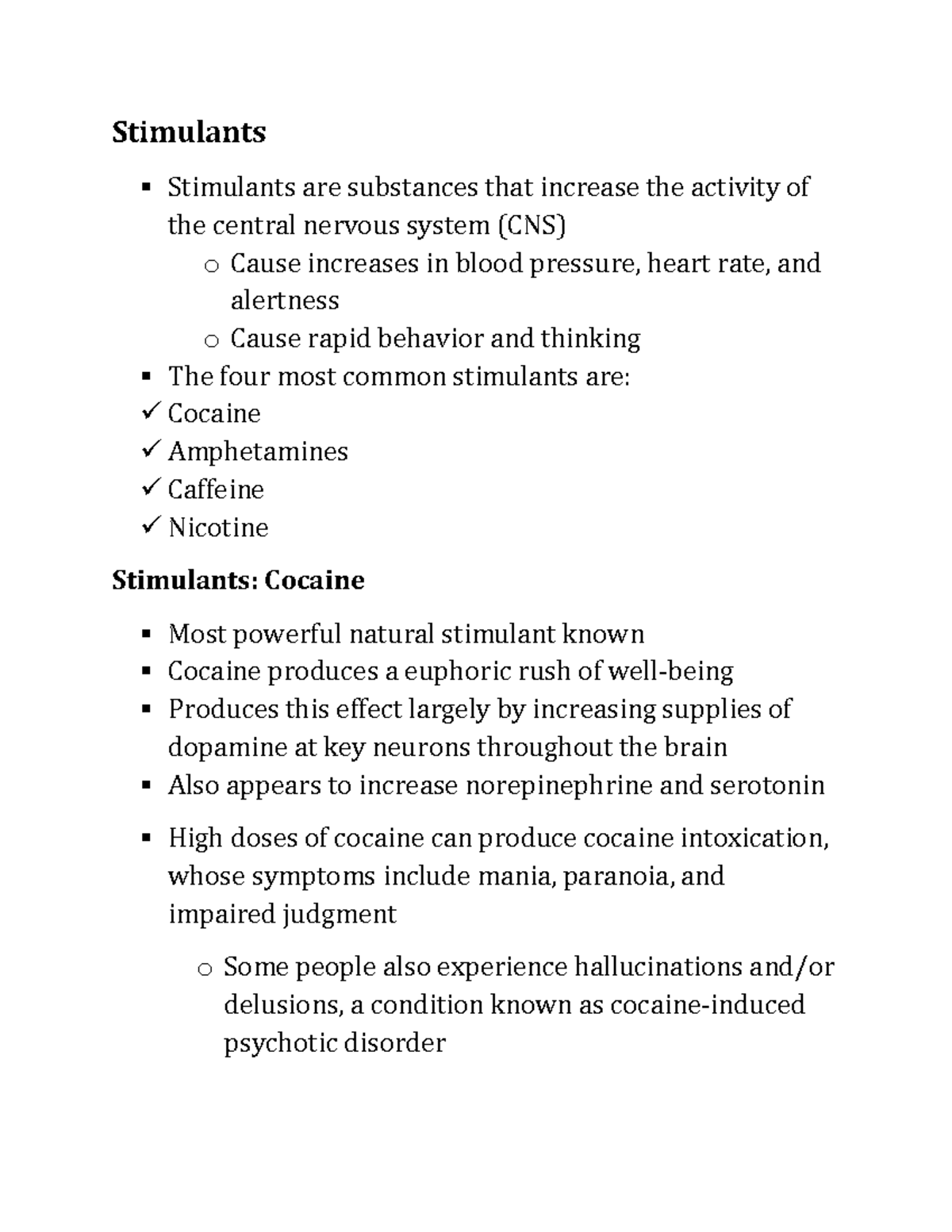 Stimulants Cocaine Lecture notes 13 Stimulants Stimulants are