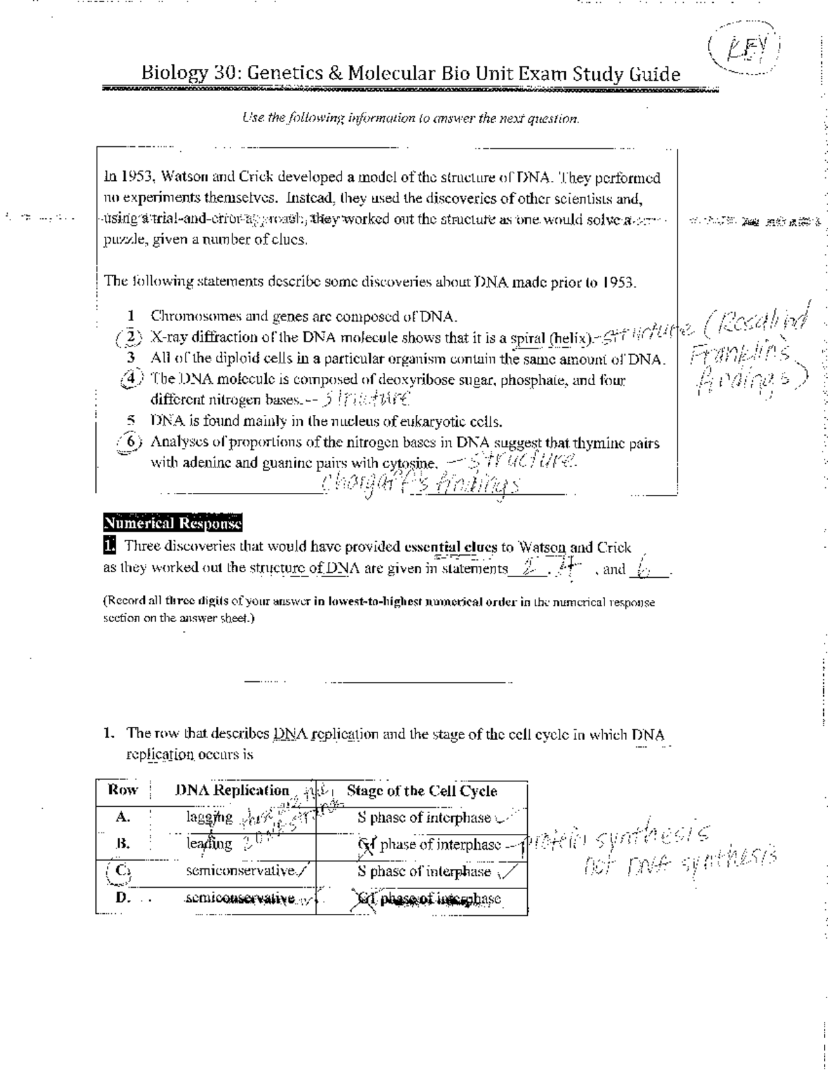 1 - Genetics Mol Bio Unit Exam Student Study Guide 2012 KEY 17 - BIO ...