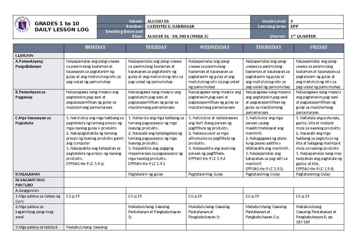DLL EPP 5 Q1 W5 - helpful - GRADES 1 to 10 DAILY LESSON LOG School ...
