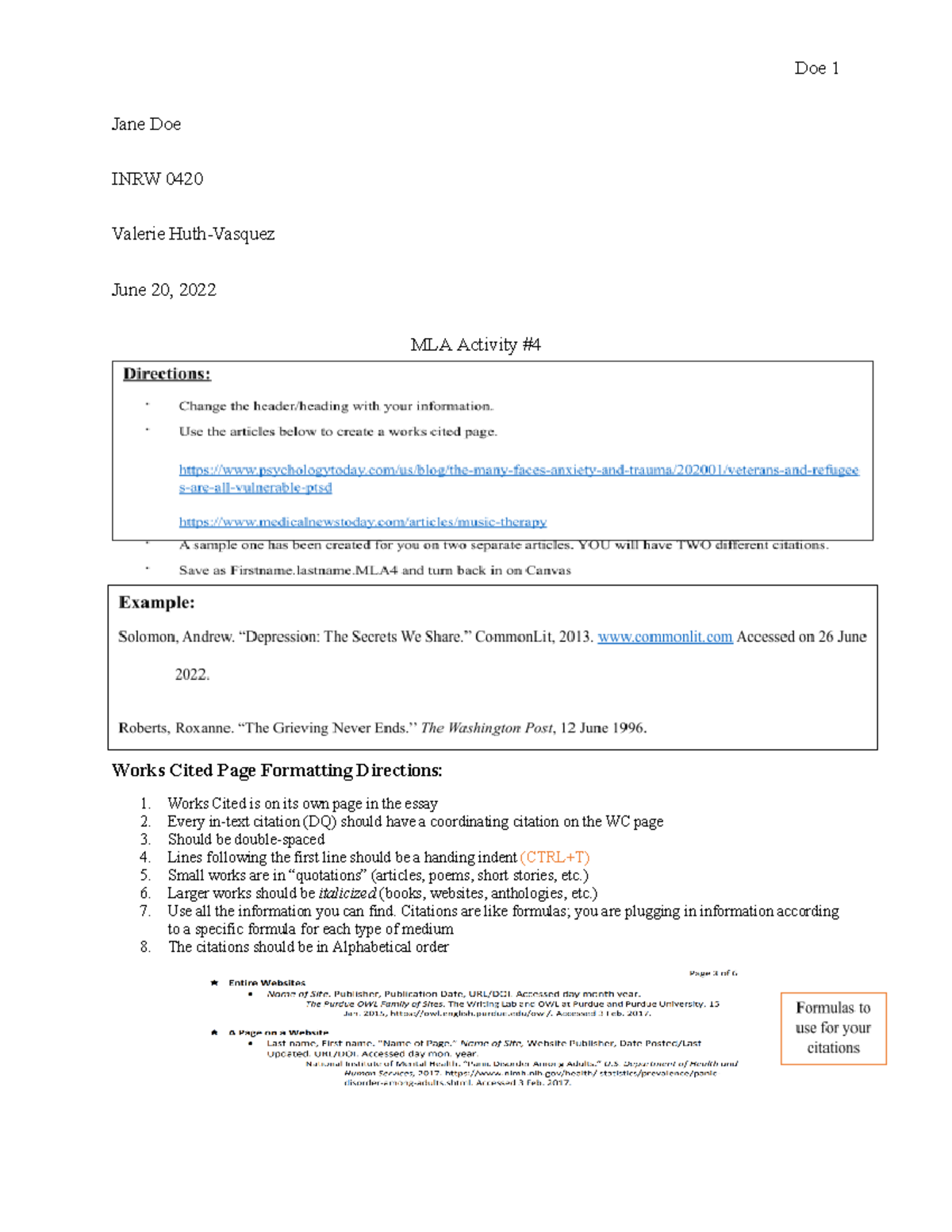 MLA Activity 4 - example of works cited - Doe 1 Jane Doe INRW 0420 ...