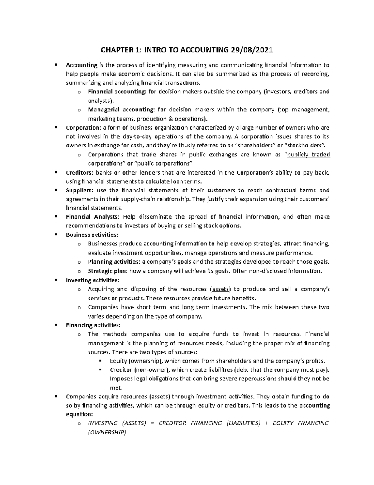 1. Chapter 1 Intro To Accounting Notes 29082021 CHAPTER 1 INTRO TO