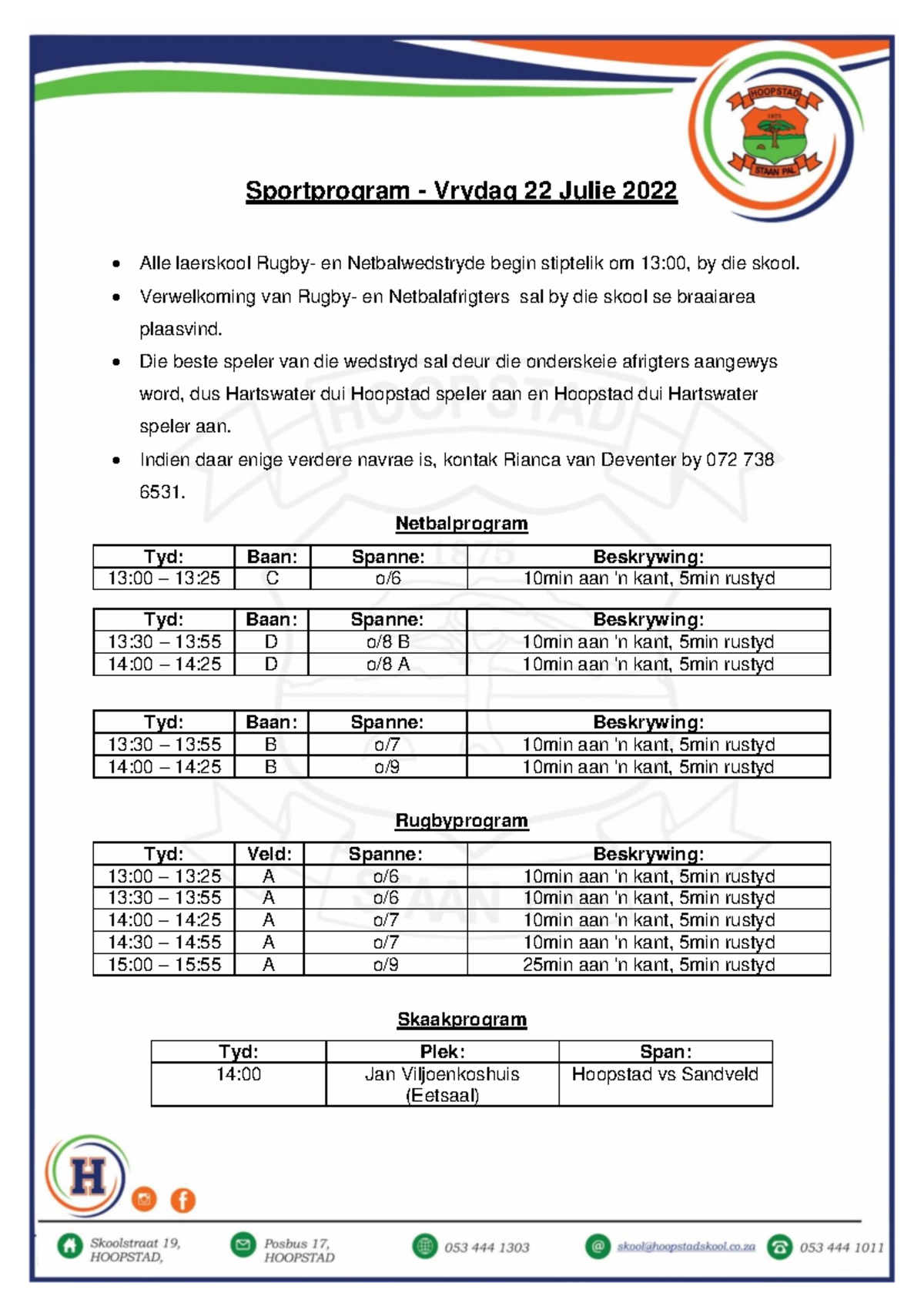 Practicals 124. - Sportprogram - Vrydag 22 Julie 2022 Alle laerskool ...