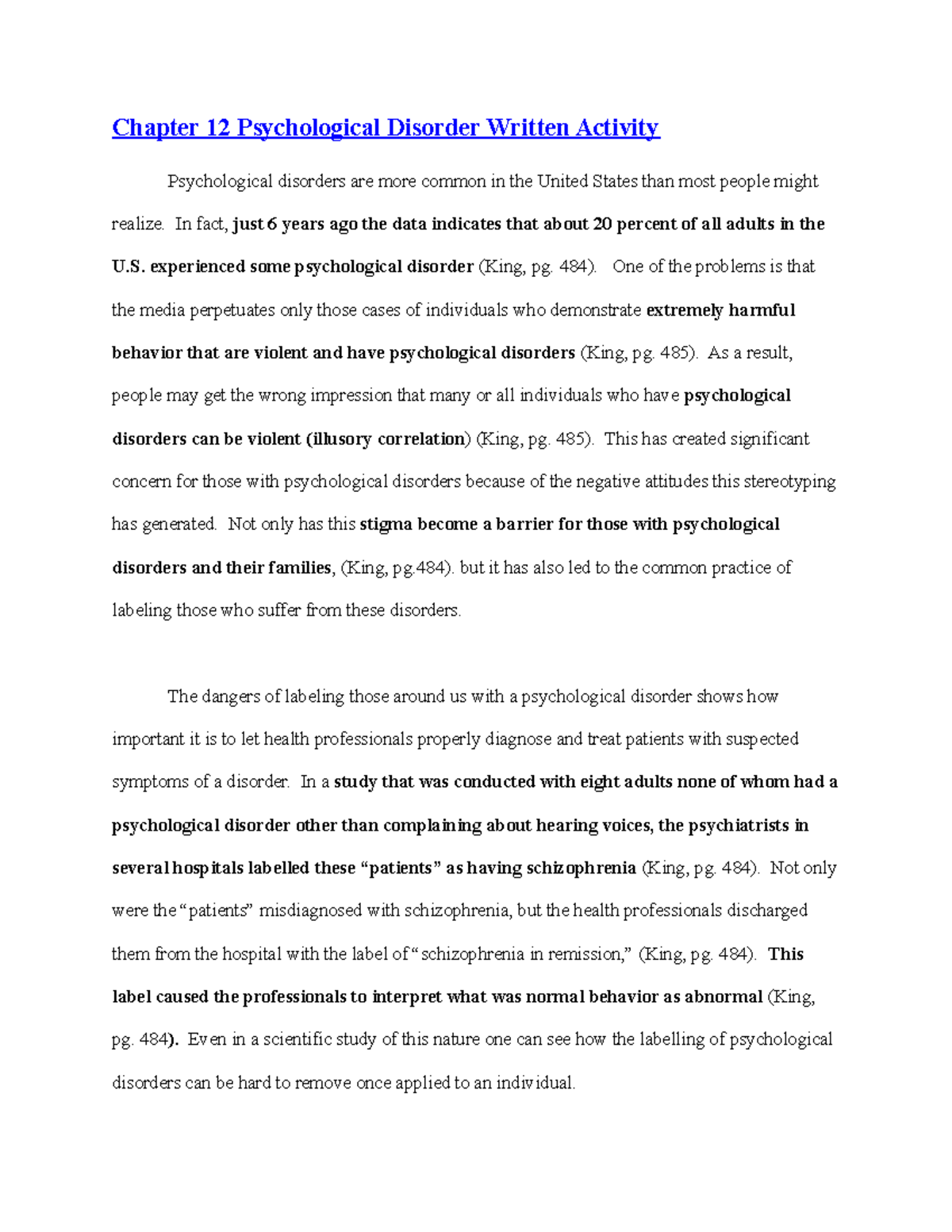 Psychological Disorder Written Activity Chapter 12 Psychological