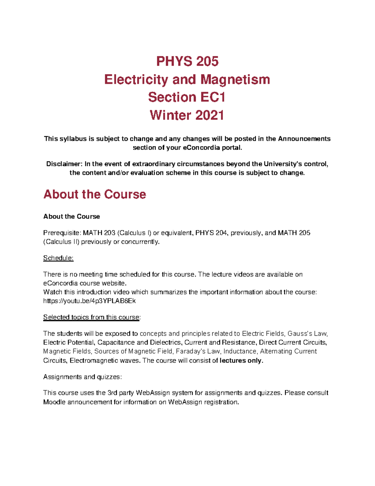 PHYS 205 - Course Outline - PHYS 205 Electricity And Magnetism Section ...