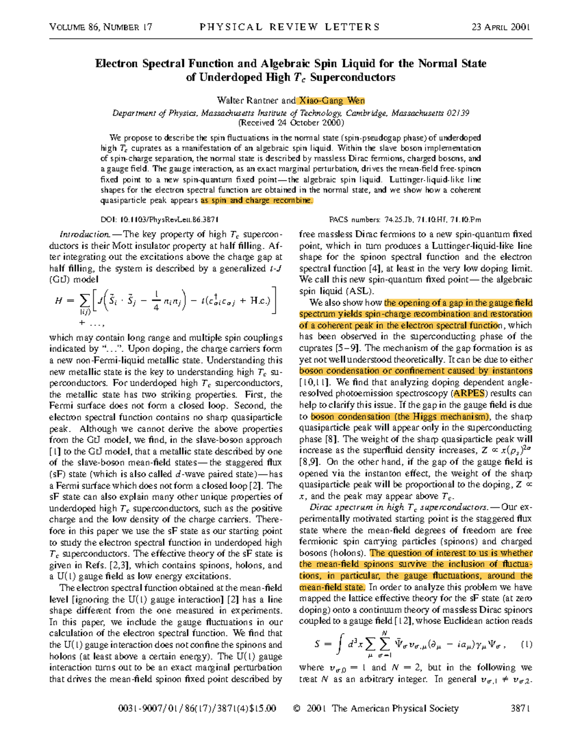 PRL Wen(2001 ) - vary beautiful paper - Electron Spectral Function and ...