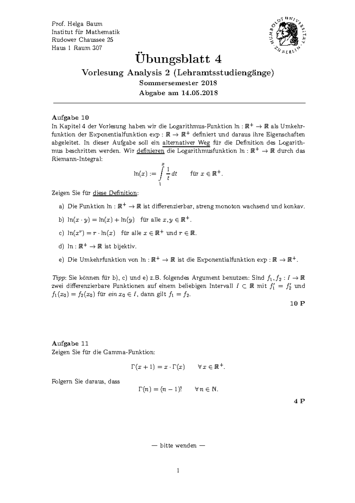 UA Ana II SS18 04 - Übungsplatz Zur Analysis 2 - Prof. Helga Baum ...