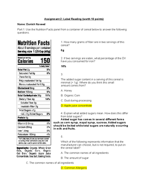 Assignment 2 Label Reading - Assignment 2: Label Reading (worth 10 ...