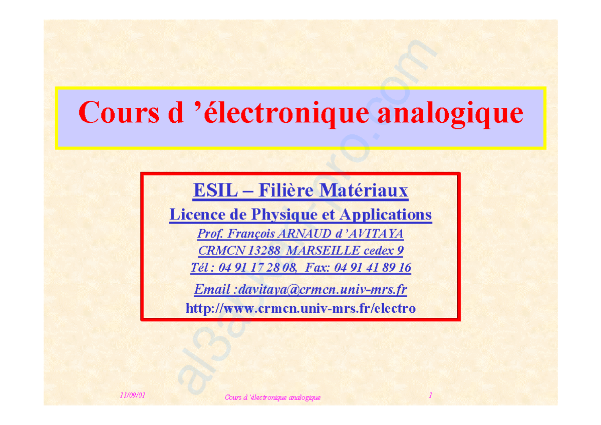 4 Cours N°4 D’électronique Analogique - 11/09/01 Cours D ’électronique ...