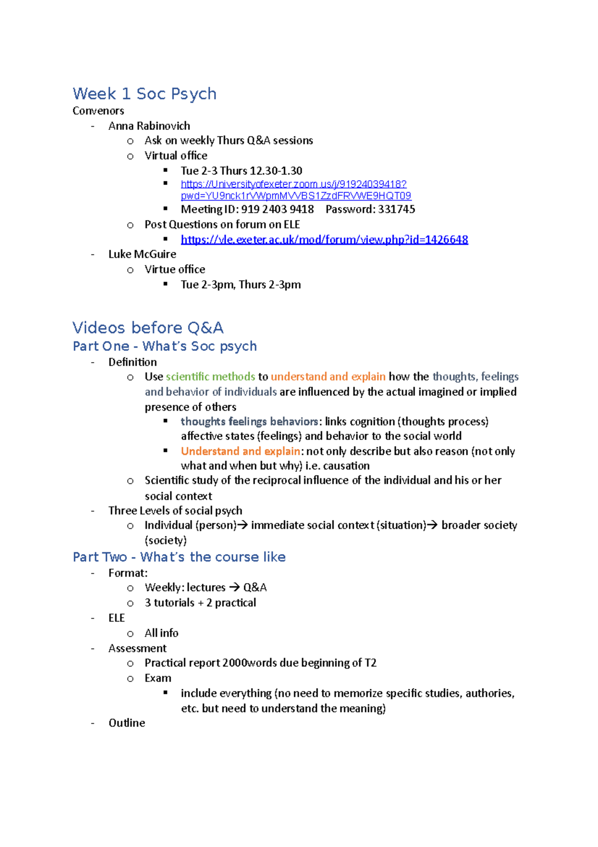 Week One Lecture Notes - Week 1 Soc Psych Convenors - Anna Rabinovich o ...