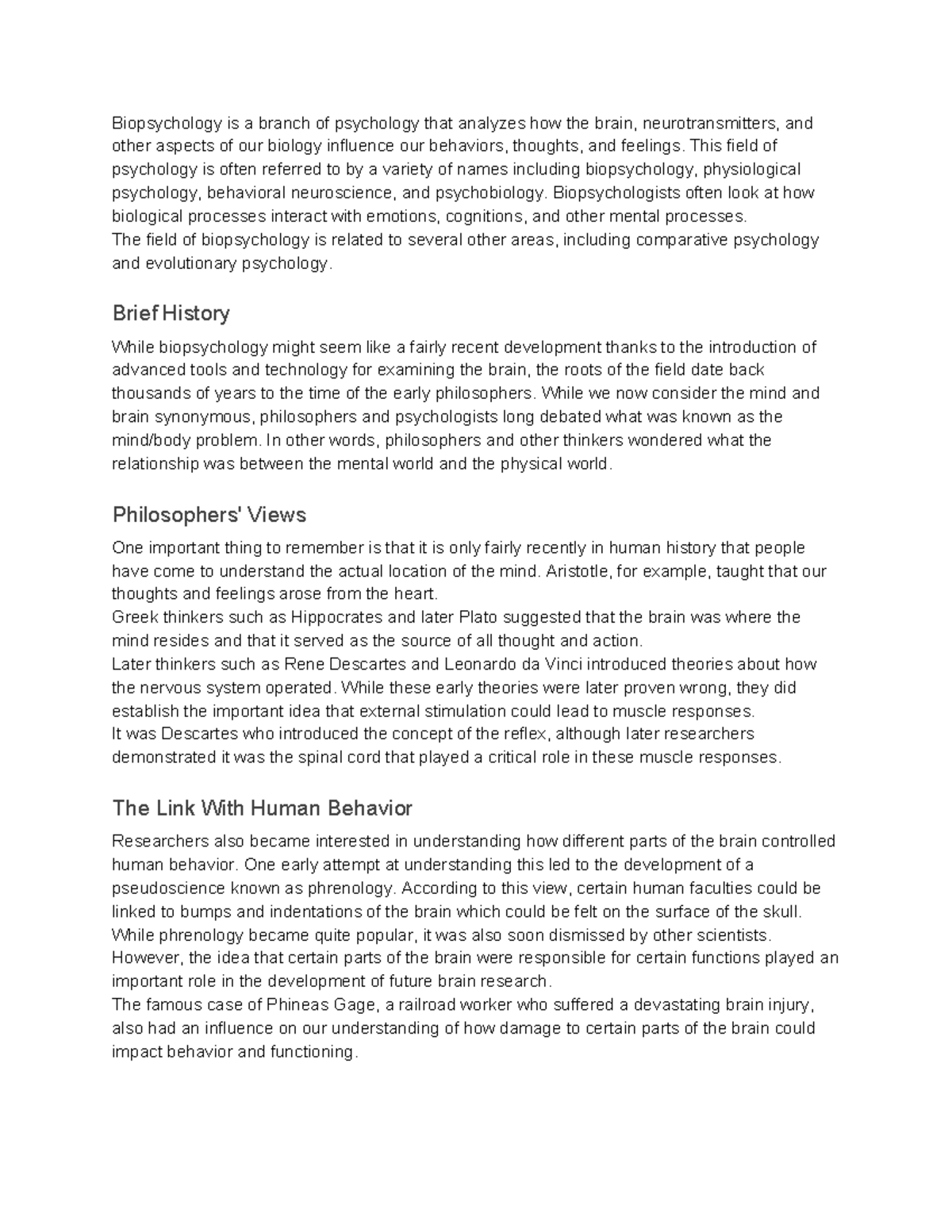 Brain and Behavior Notes - Biopsychology is a branch of psychology that ...