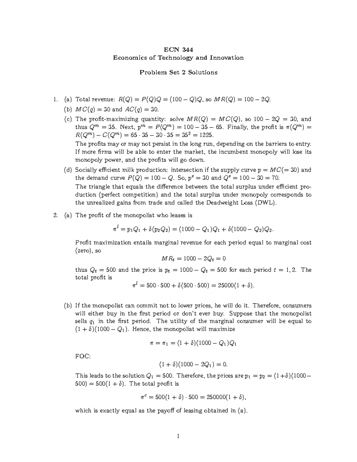 Solutions to ps 2 - ECN 344 Economics of Technology and Innovation ...