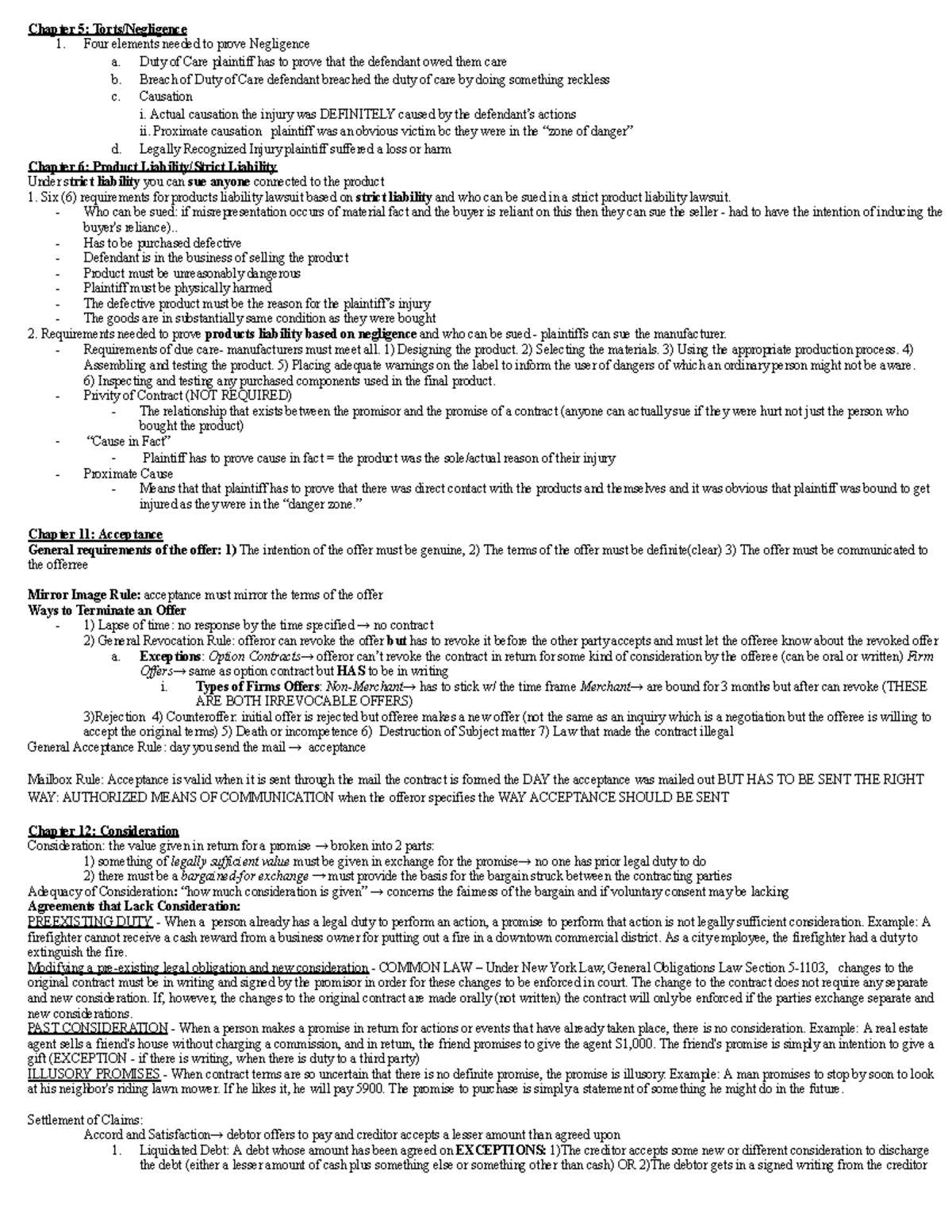 BUS LAW Final Review - Chapter 5: Torts/Negligence 1. Four elements ...