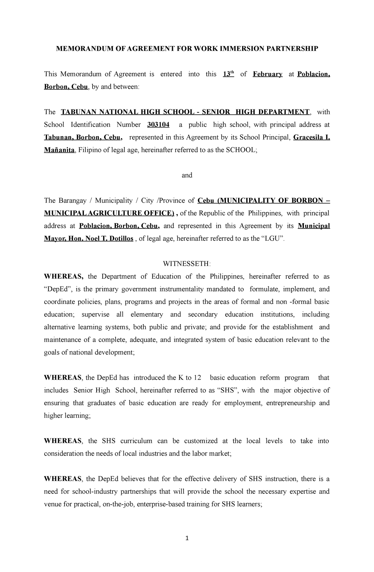 2022-2023 Work Immersion Horticulture MOA - MEMORANDUM OF AGREEMENT FOR ...