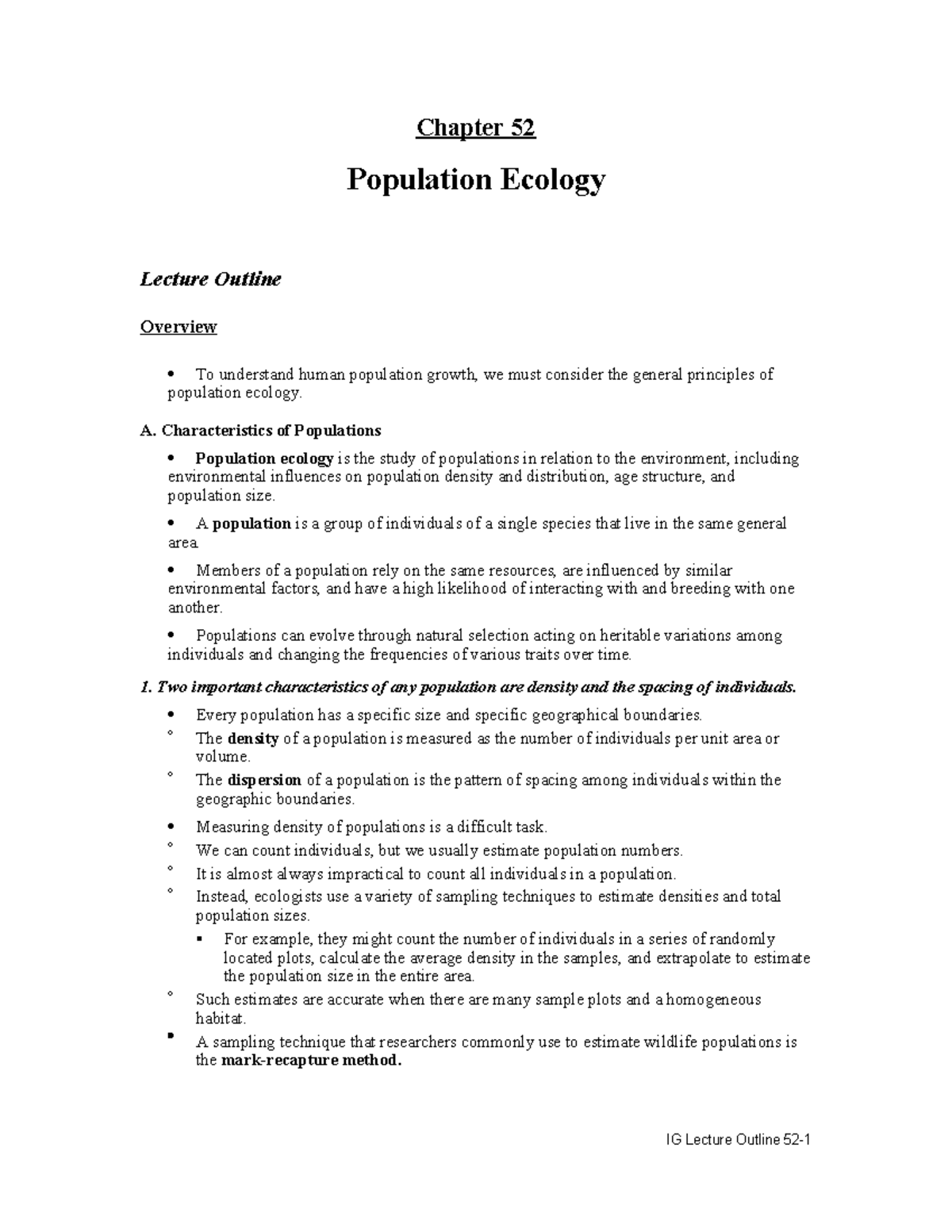 Summary Outline Chapter 52 - Chapter 52 Population Ecology Lecture ...