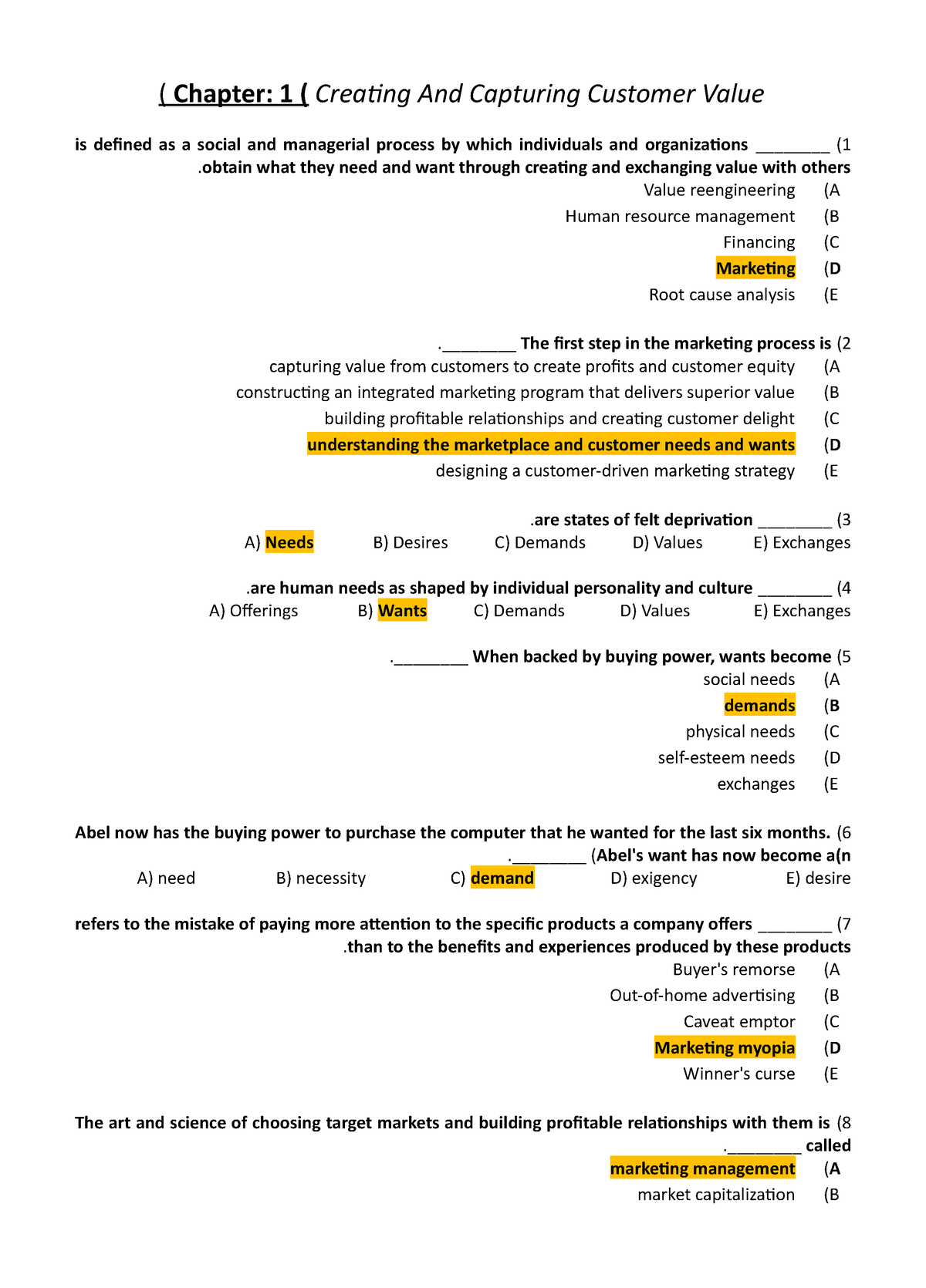 TB-1 - TestBank - (Chapter: 1 ( Creating And Capturing Customer Value ...