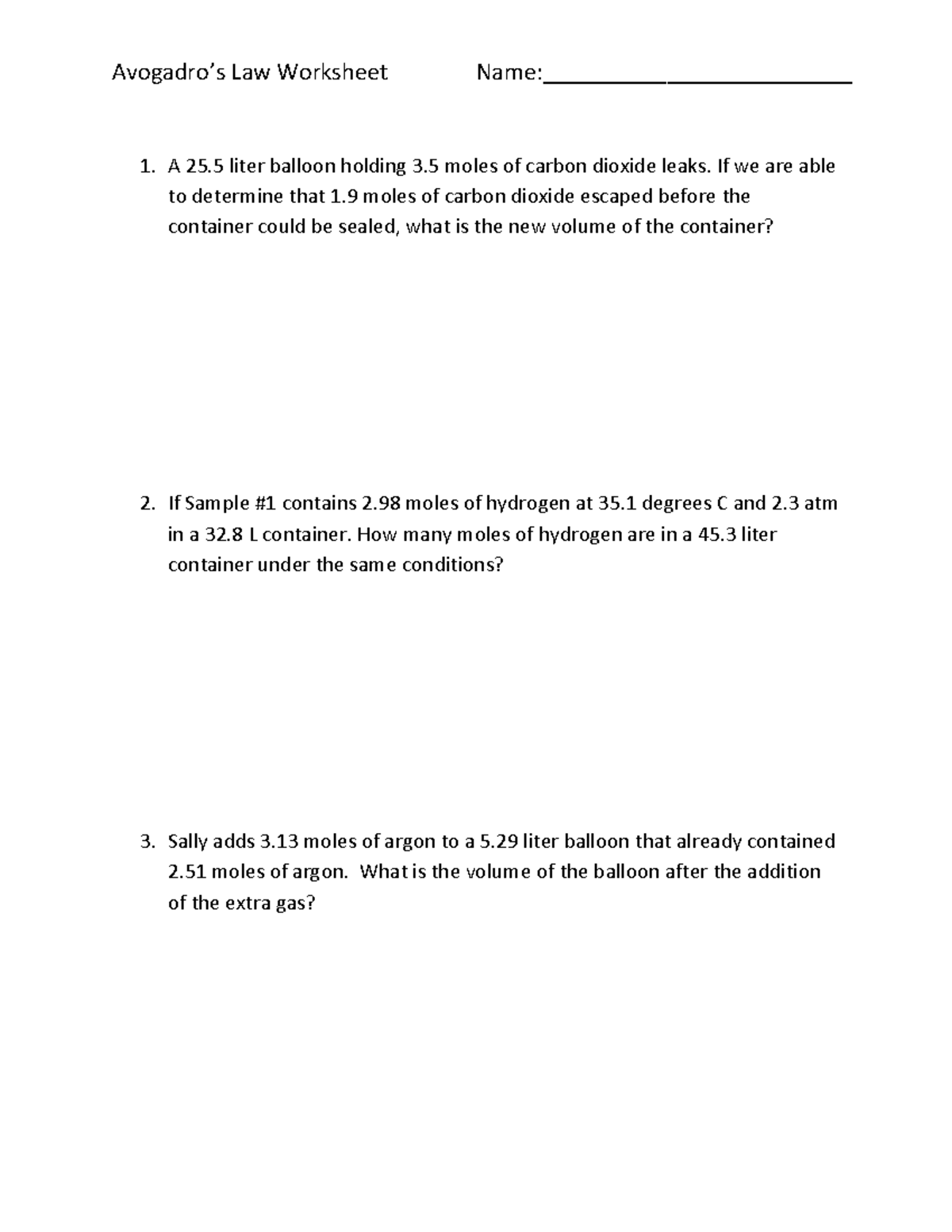 Avogadros law worksheet 3 - Avogadroís Law Worksheet Name: A 25 liter -  Studocu