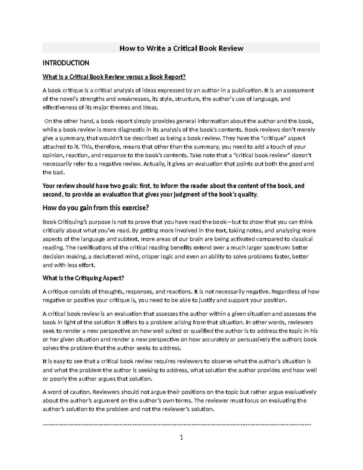 Critical Book Review Handout Reference - How to Write a Critical Book ...