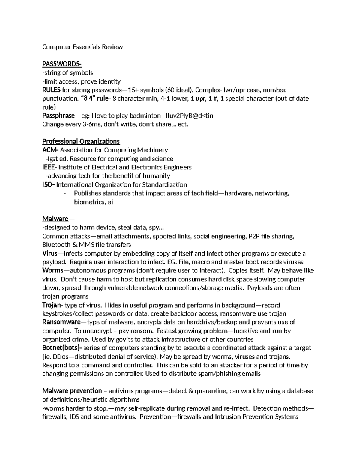 Comp ess - review notes - Computer Essentials Review PASSWORDS-string ...