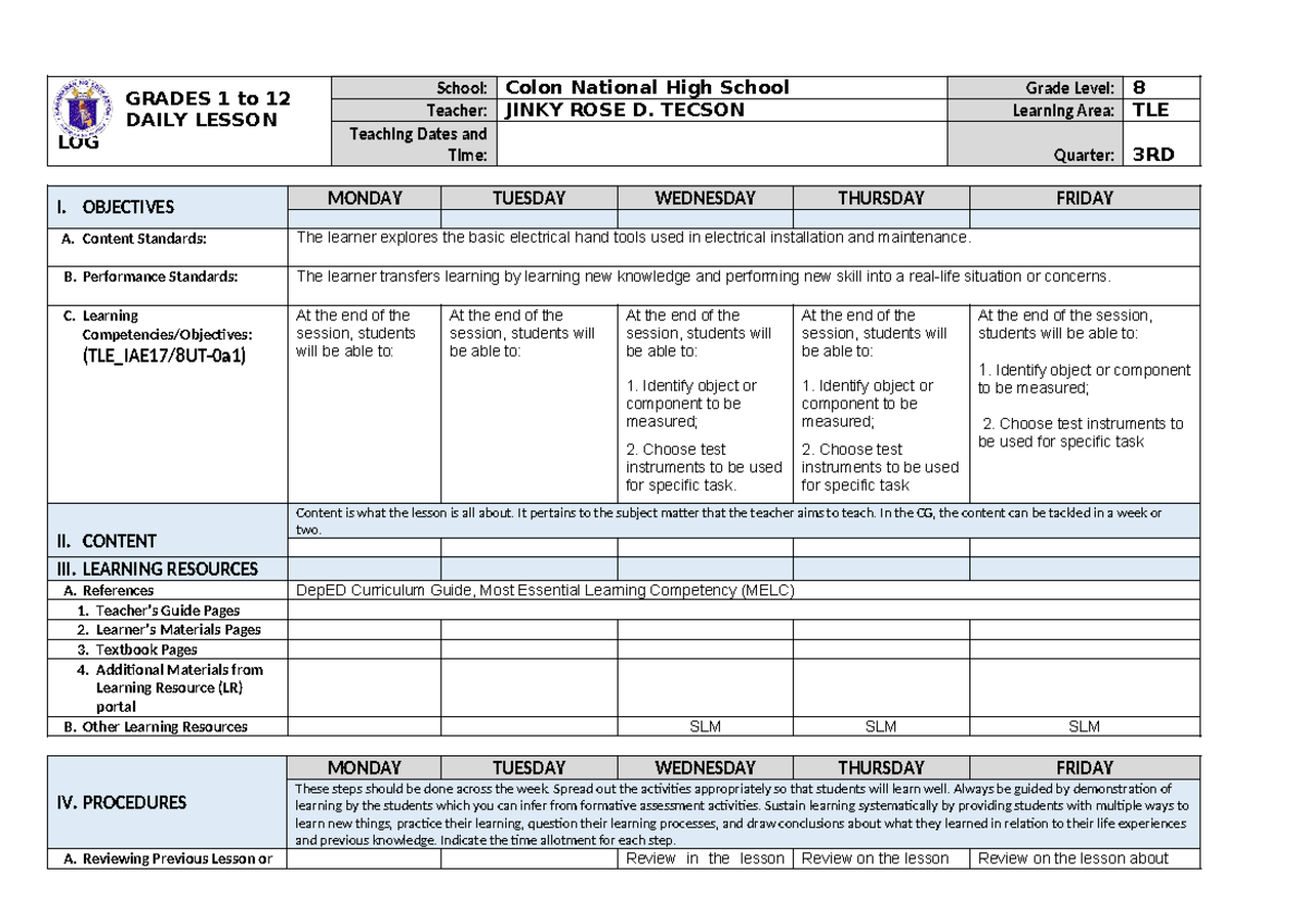 DLL Format - lesson plan - GRADES 1 to 12 DAILY LESSON LOG School ...