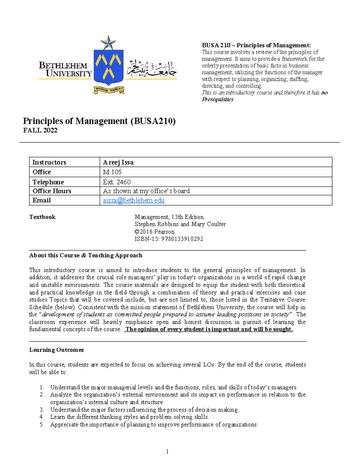BUSA-210 Outline final Spring 2023 - BUSA 210 – Principles of ...