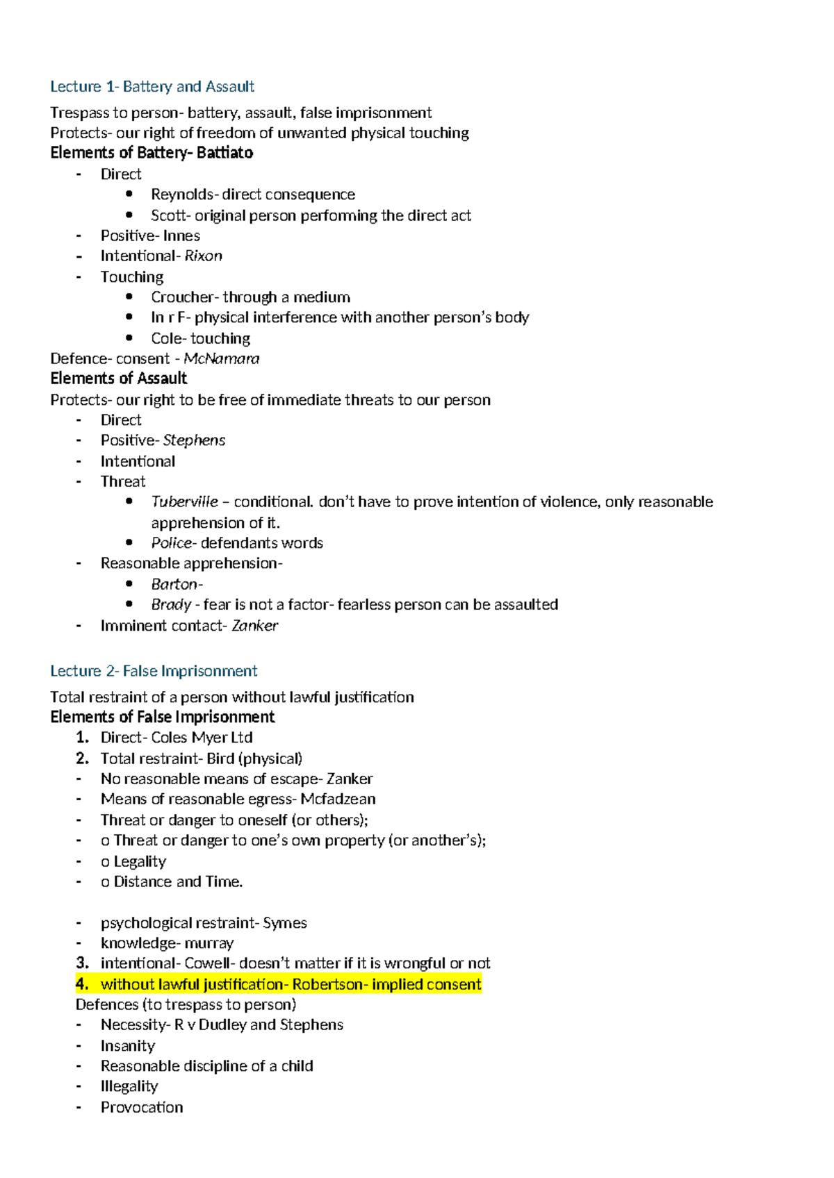 Concise Notes 2702 - Lecture 1- Battery and Assault Trespass to person ...