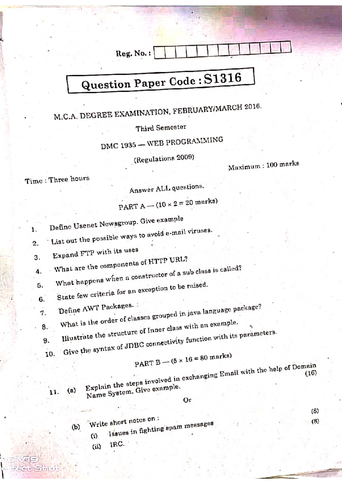 MCA - 2009 - Web Programming - Reg. No. : Question Paper Code : S1316 M ...
