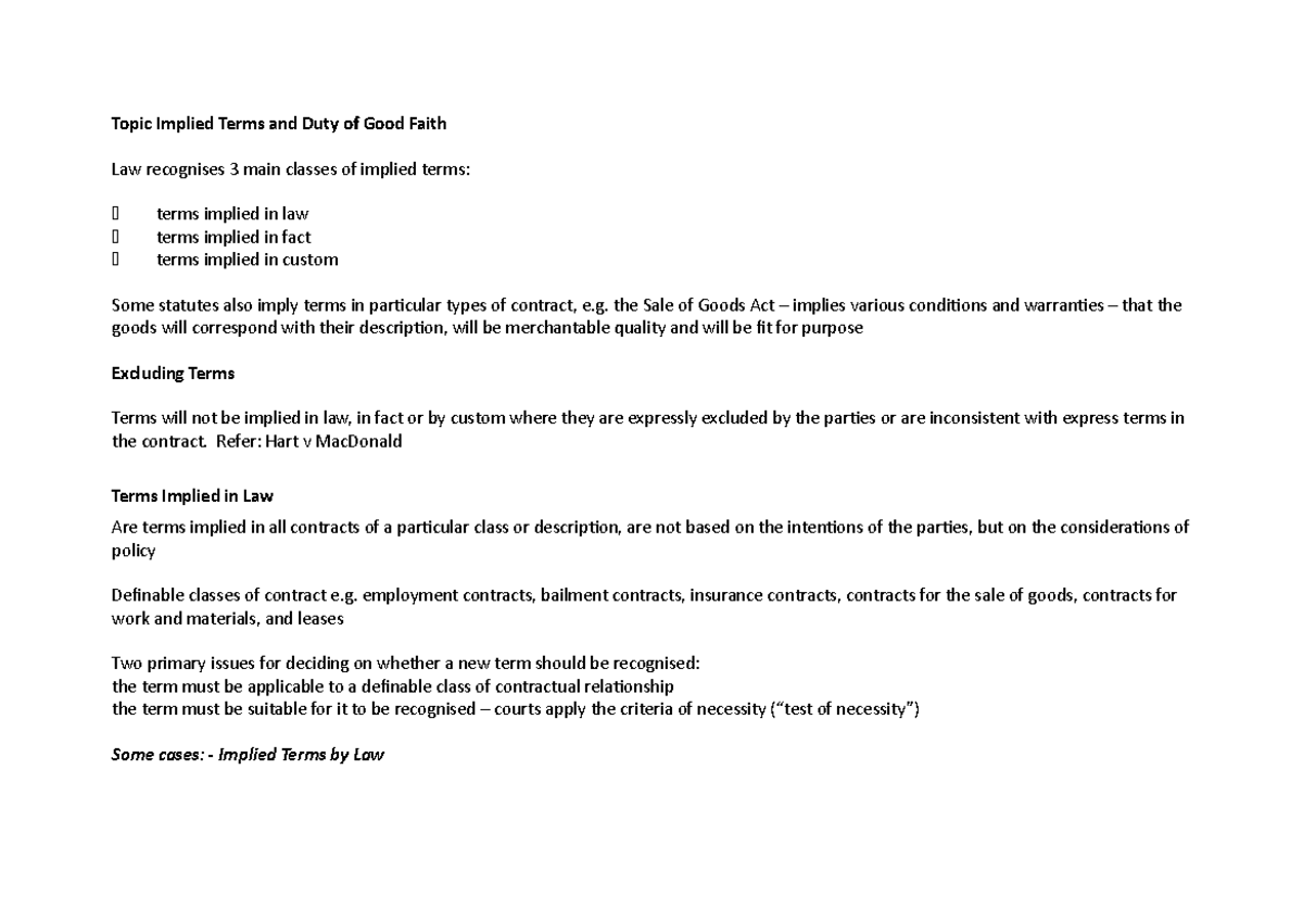 Topic Implied Terms and Duty of Good Faith - Notes v-01 - Topic Implied ...