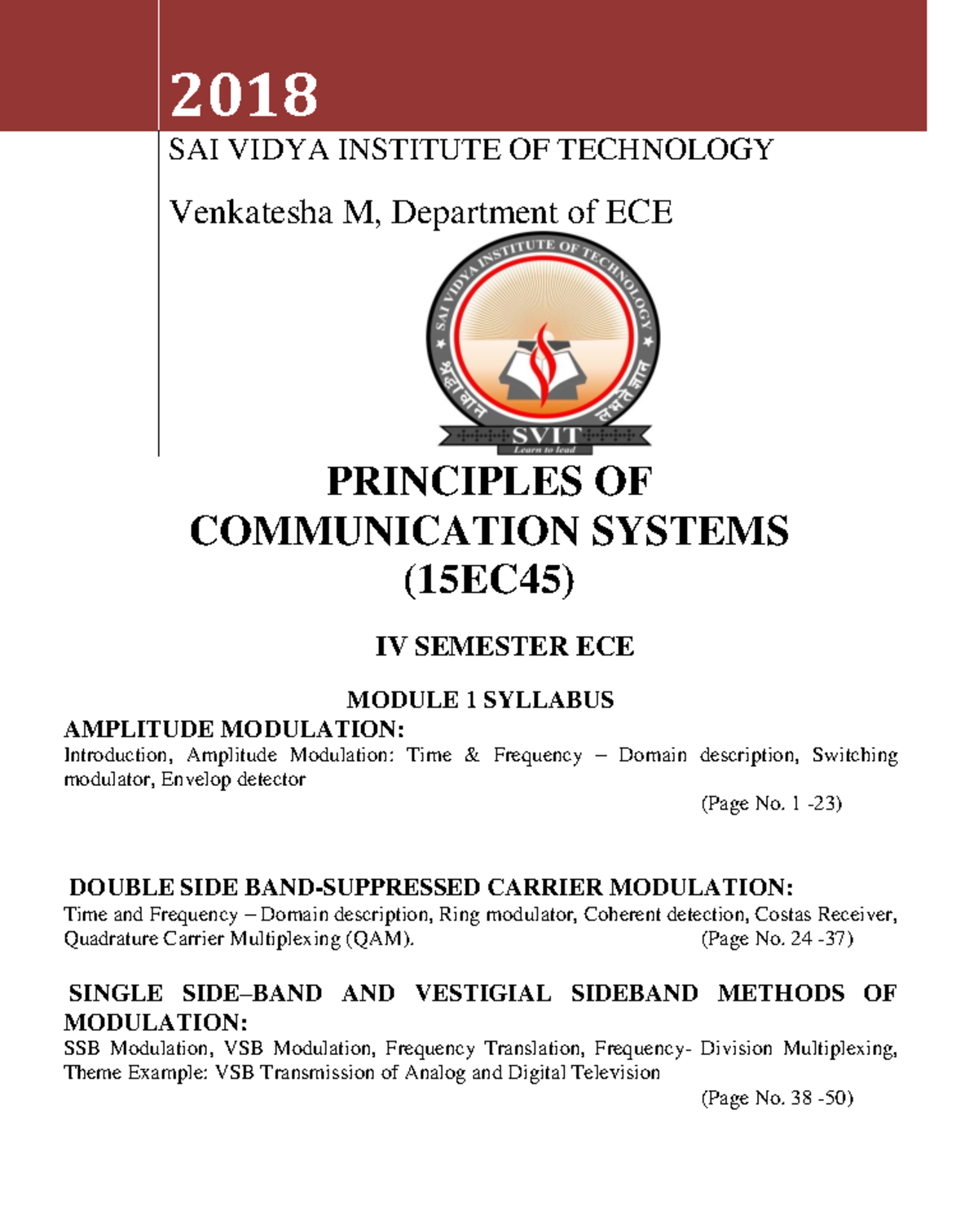 M1 - notes for exam preparation - PRINCIPLES OF COMMUNICATION SYSTEMS ...