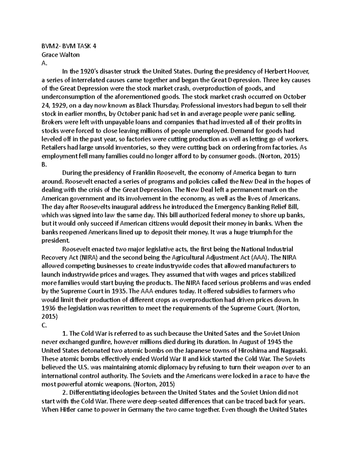 BVM2- BVM TASK 4 - Task 4 for Survey of American History - BVM2- BVM ...